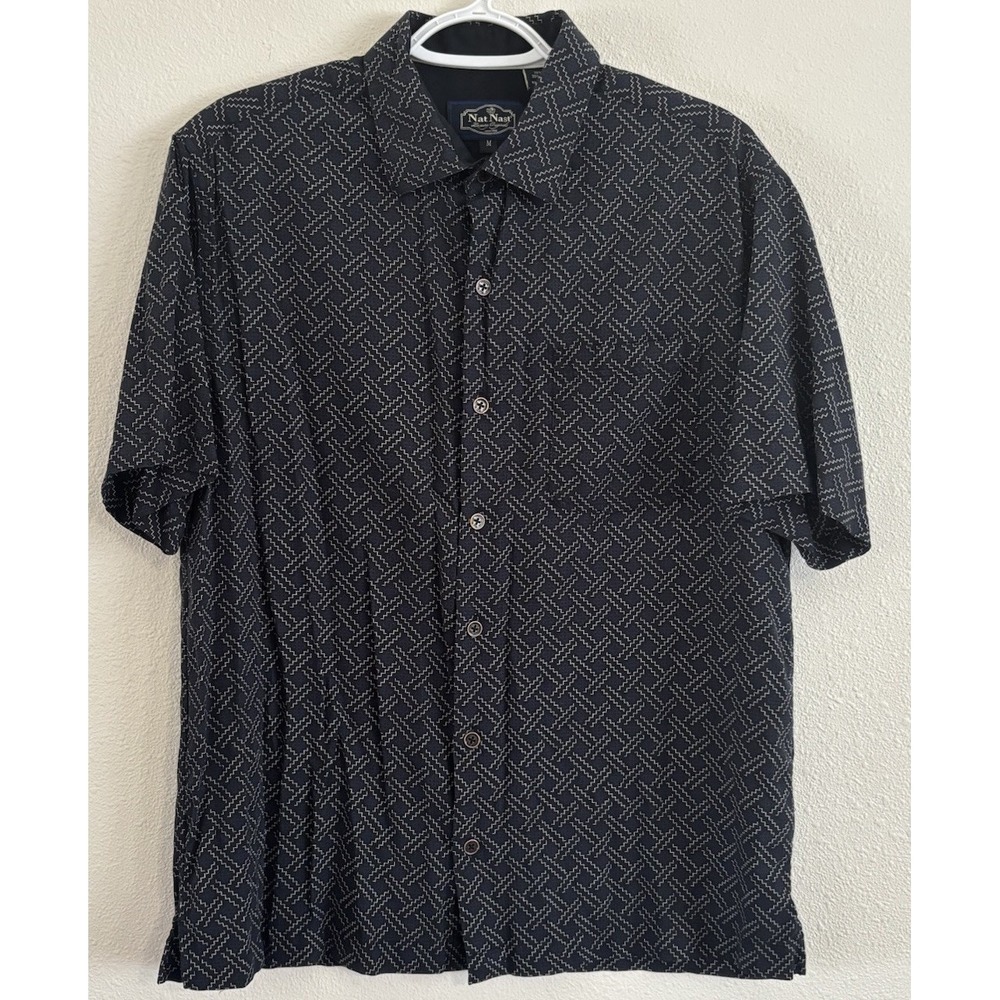 Nat Nast Luxury Originals Men's M Silk Cotton Geometric Short Sleeve Shirt Blue
